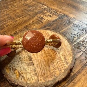 Bourbon and Bowties Goldstone Brown and Gold Wire Wrap Bracelet